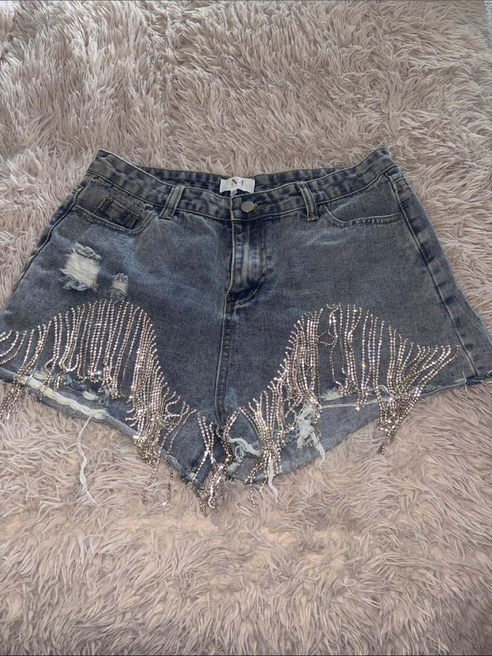 N1 Distressed Denim Shorts with Rhinestone Fringe